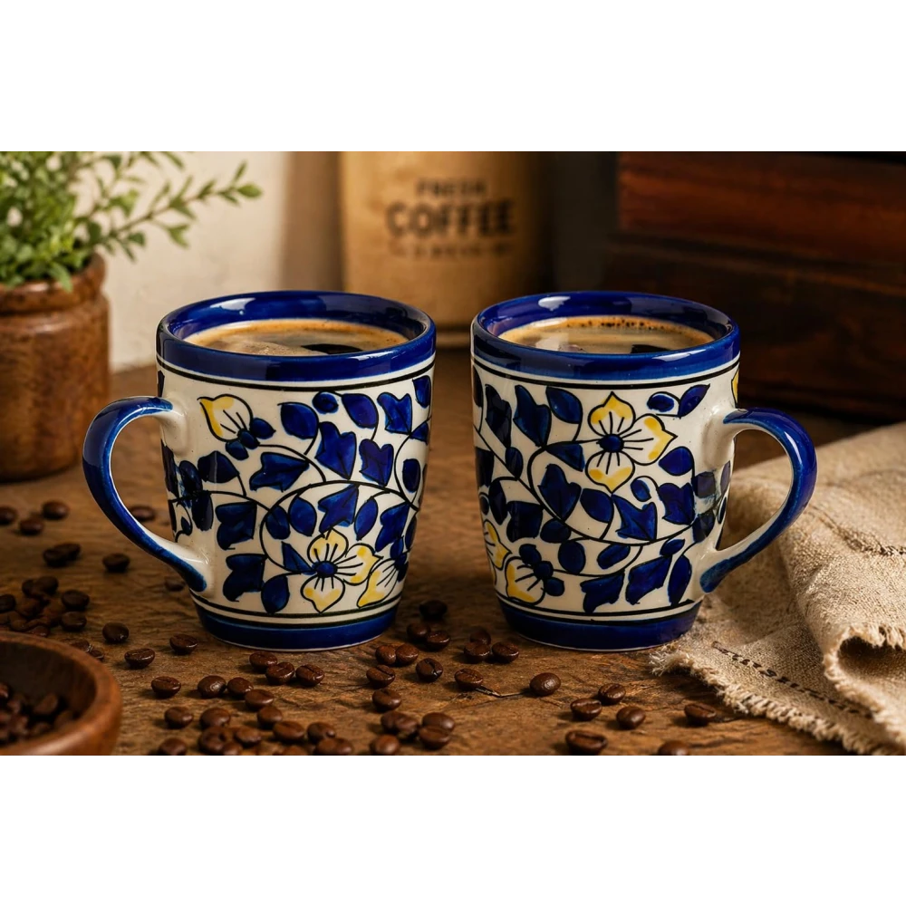 HOUSELA Floural Blue Hand-Painted Serving Tea Cups Set Milk Mugs & Ceramic Coffee Mugs, Set of 2 (270 ML) Microwave & Dishwasher Safe