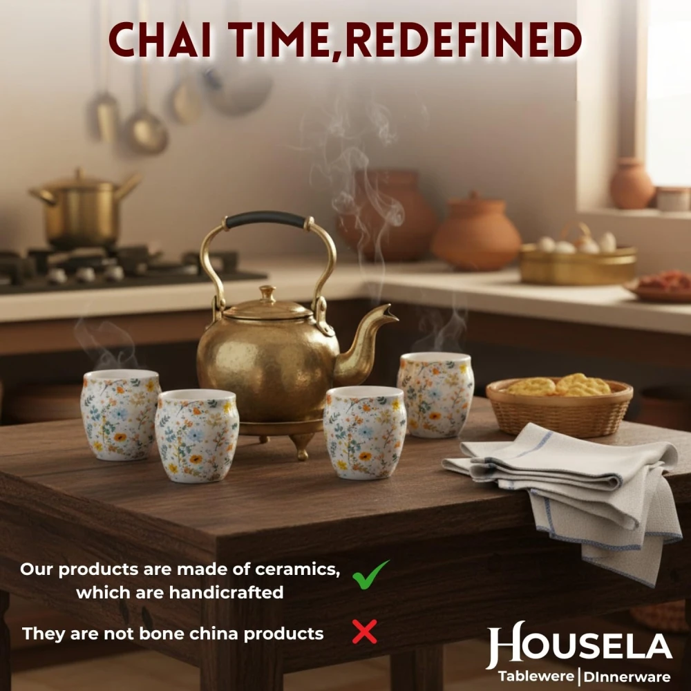 HOUSELA Hand-Painted Ceramic Sun-Floral Art kulhad Set of 4 Cups |kullad Tea Set | kulhad chai Cups | Hand Painted kulhad Coffee Mug, Multicolor((Microwave & Dishwasher Safe)
