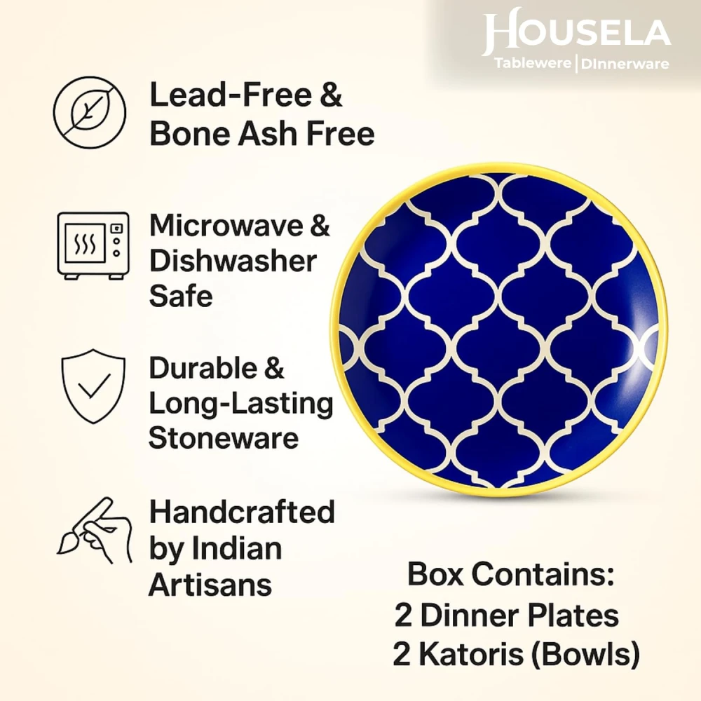 Hand-Painted Stoneware Moroccan Premium Ceramic 10-inch Big Plate Set of 4 Pcs | Bone Ash Free | Microwave and Dishwasher Safe - Blue