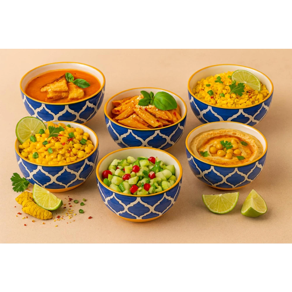 HOUSELA Hand-Painted Umrao Quarter/Moroccan Design Handpainted Bowls Set Ceramic Vegetable Bowl/Dessert Bowl/Soup Bowl (Multicolor, Pack of 6)