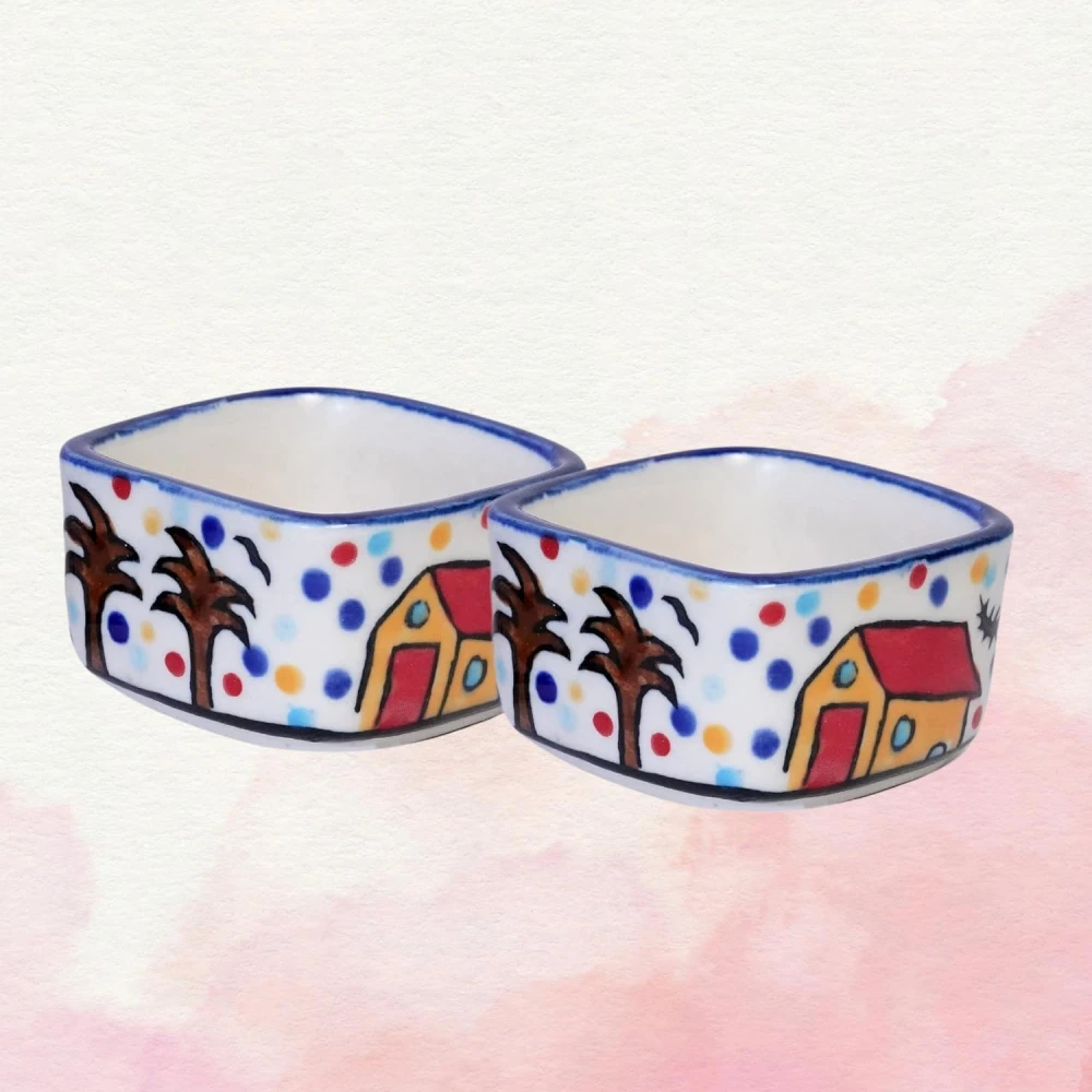 HOUSELA Handpainted Hut Ceramic Dip Bowl/Chutney Bowl/Pickle Bowl/Sauce Serving Bowl Set of (50 ML, Small, 2-Pieces, Multicolour, Cartoon Shape Square)