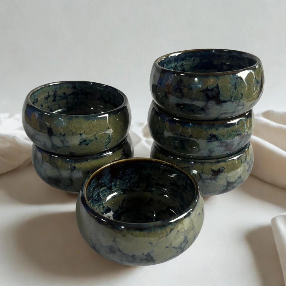 HOUSELA Studio Pottery Blue Glazed Ceramic Bowls – 6 Pc Set for Snacks, Sides & Desserts