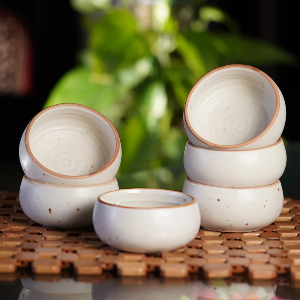 Rudrart Creations Ceramic Stoneware Cream White Matt Finish Serving Bowl (150 ml, Set of 6, White) | Salad Bowl (3 inch)(Microwave & Dishwasher Safe)