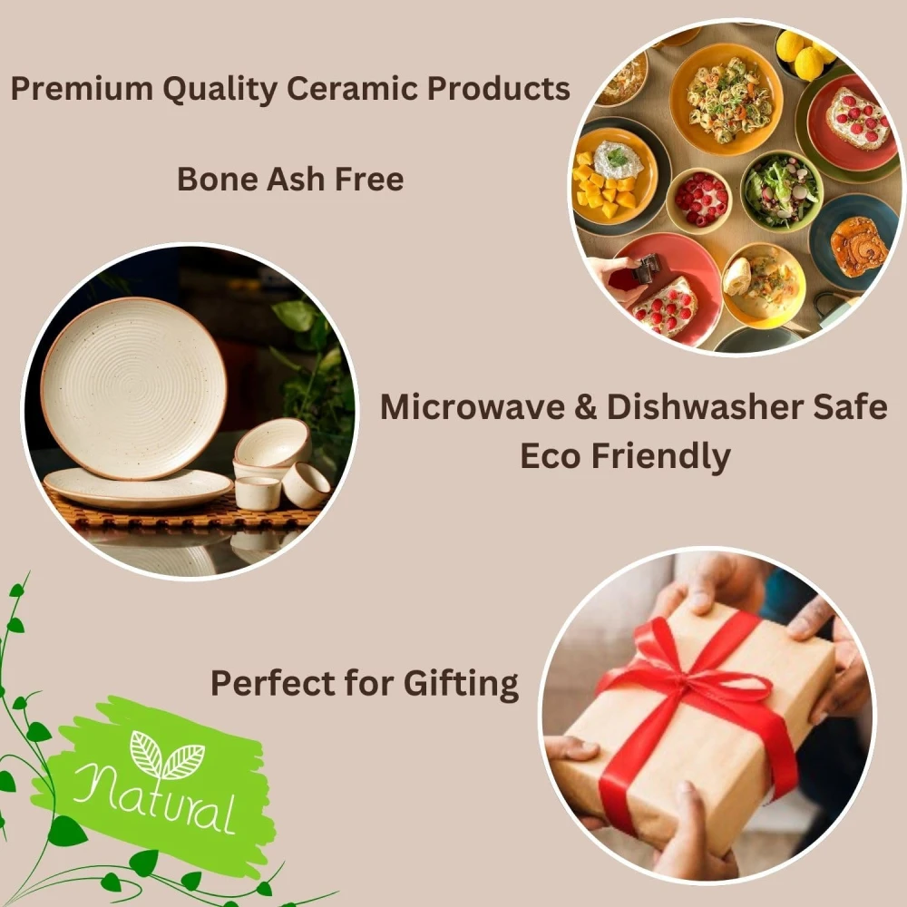 Housela Hand-Painted Ceramic Dinner Set of 18 | 6 Stoneware Dinner Plates 10 Inch, 6 Serving Bowls 180 ml & 6 Dip Bowls 2.4 Inch | Premium Handmade Off-White Tableware | Microwave & Dishwasher Safe