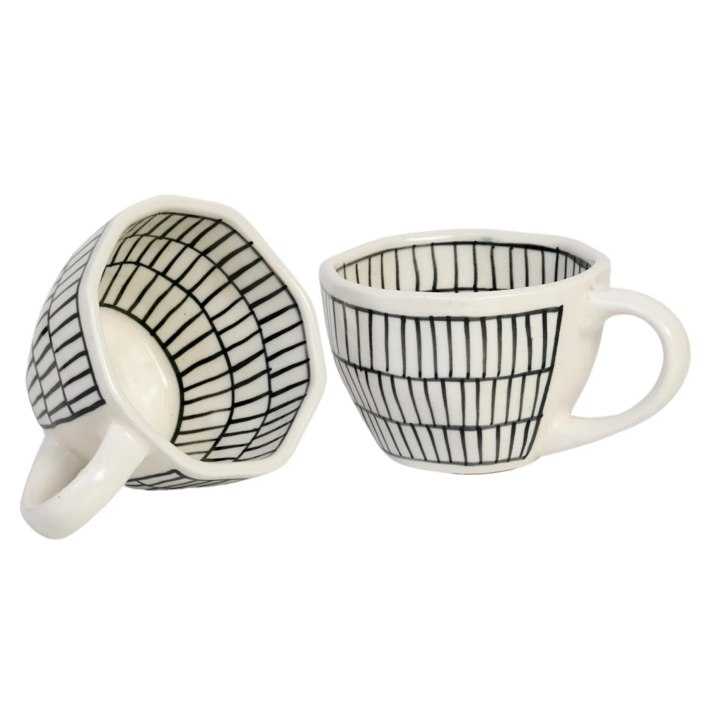HOUSELA Lineing Hand - Painted Serving Tea Cups Set Milk Mugs & Ceramic Coffee Mugs Set of 2 (300 ML, Microwave & Dishwasher Safe)