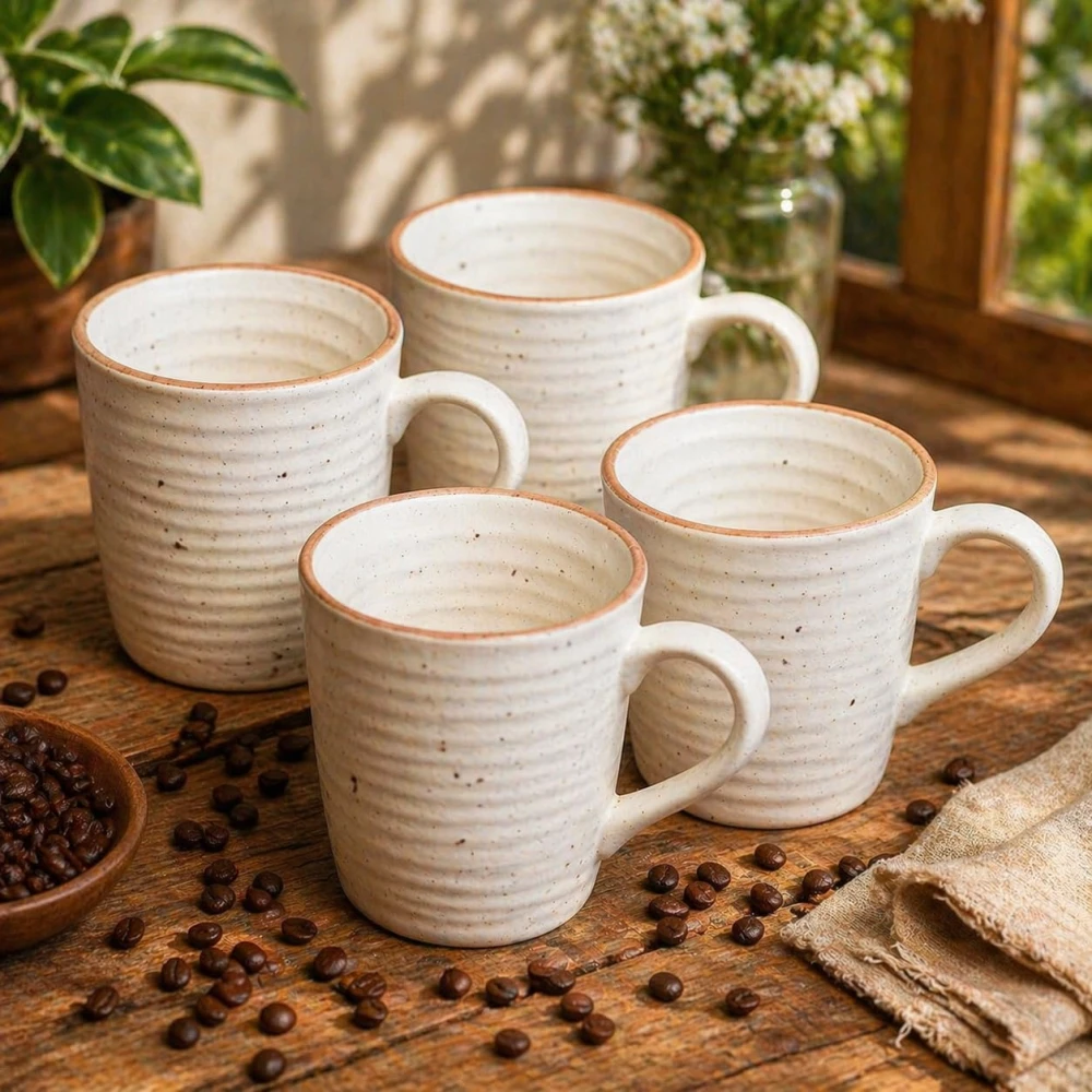 HOUSELA Matty White Hand-Painted Serving Tea Cups Set Milk Mugs & Ceramic Coffee Mugs Set of 4 (270 ML, Microwave & Dishwasher Safe)