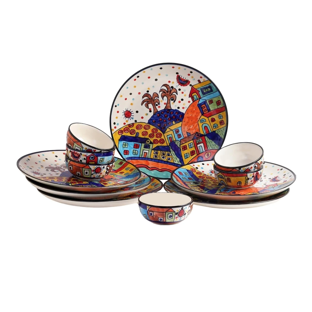 Hut Family Hand-Painted Glossy Dinner Set Ceramic Stoneware Dinner Set of 12 Pieces | 6 Dinner Plate 10.3 Inch & 6 Serving Bowls 180 Ml | Dishwasher & Microwave Safe - Multicolor, Solid