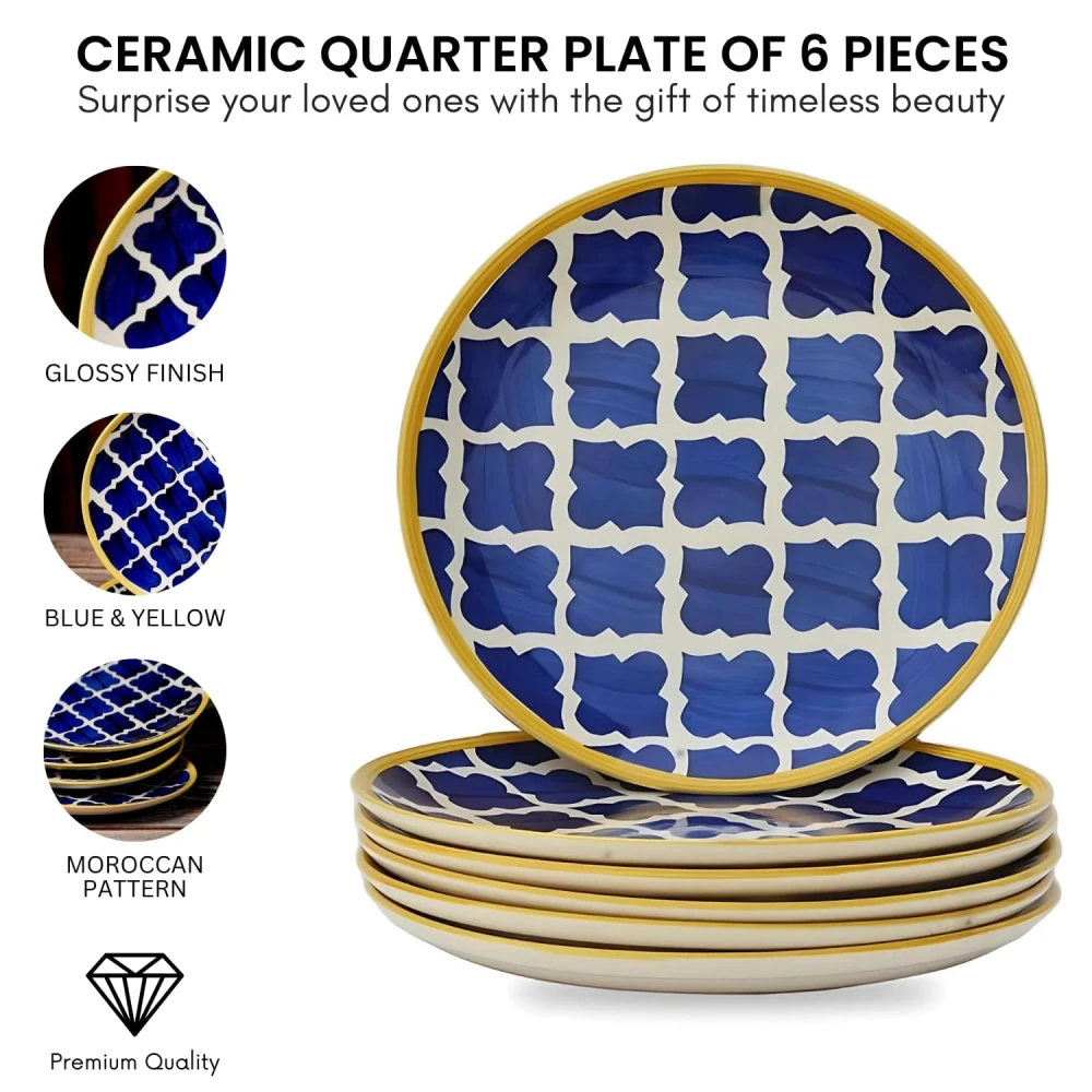 HOUSELA Ceramic Handmade Blue Umrao Quarter/Moroccan Handpainted' Plates for 7 (Set of 6)