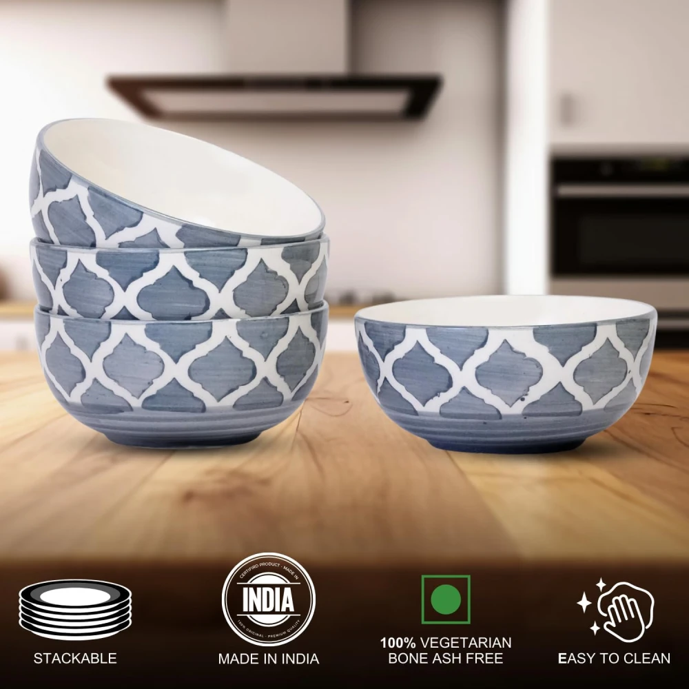 HOUSELA Creations Hand-Painted Umrao-Moroccan Design Bowls Set | Perfect for Serving Snacks, Rice, Dal, Fruits, Salad | BPA & Lead-Free Ceramic Dinner Bowls for Safe | - (Design 3, Set of 4)
