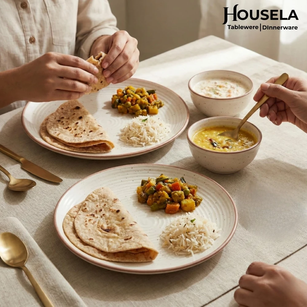 Housela Stoneware Ceramic Solid Dinner Set of 4 Pieces for Dinner with Katoris (4 Pieces, 2 Bowl & 2 Plates, Dishwasher & Microwave Safe)-Dinner Sets Ceramic Bowls Set Dinnerware Sets-Off White