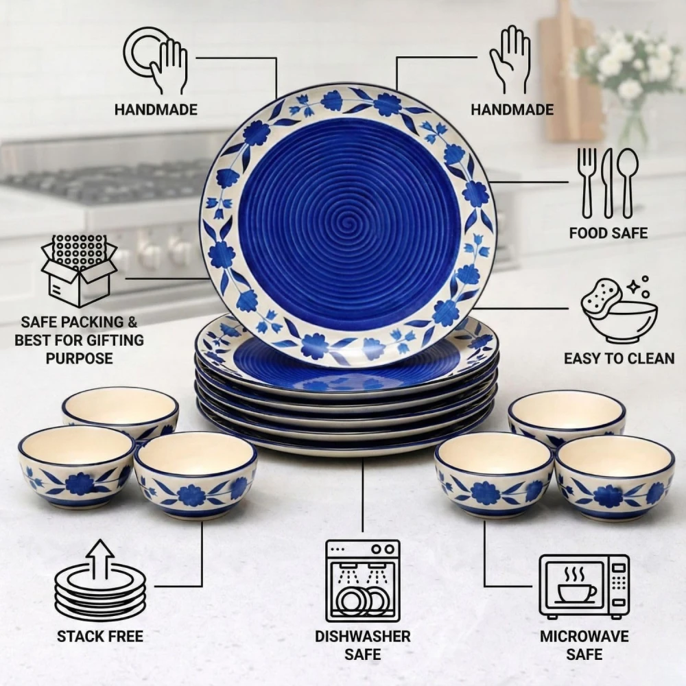 Hand-Painted Floral Ceramic Dinner Set of 12 Pcs | 6 Ceramic Dinner Plate and 6 Bowl/katori | Bone Ash Free | Microwave and Dishwasher Safe - Blue