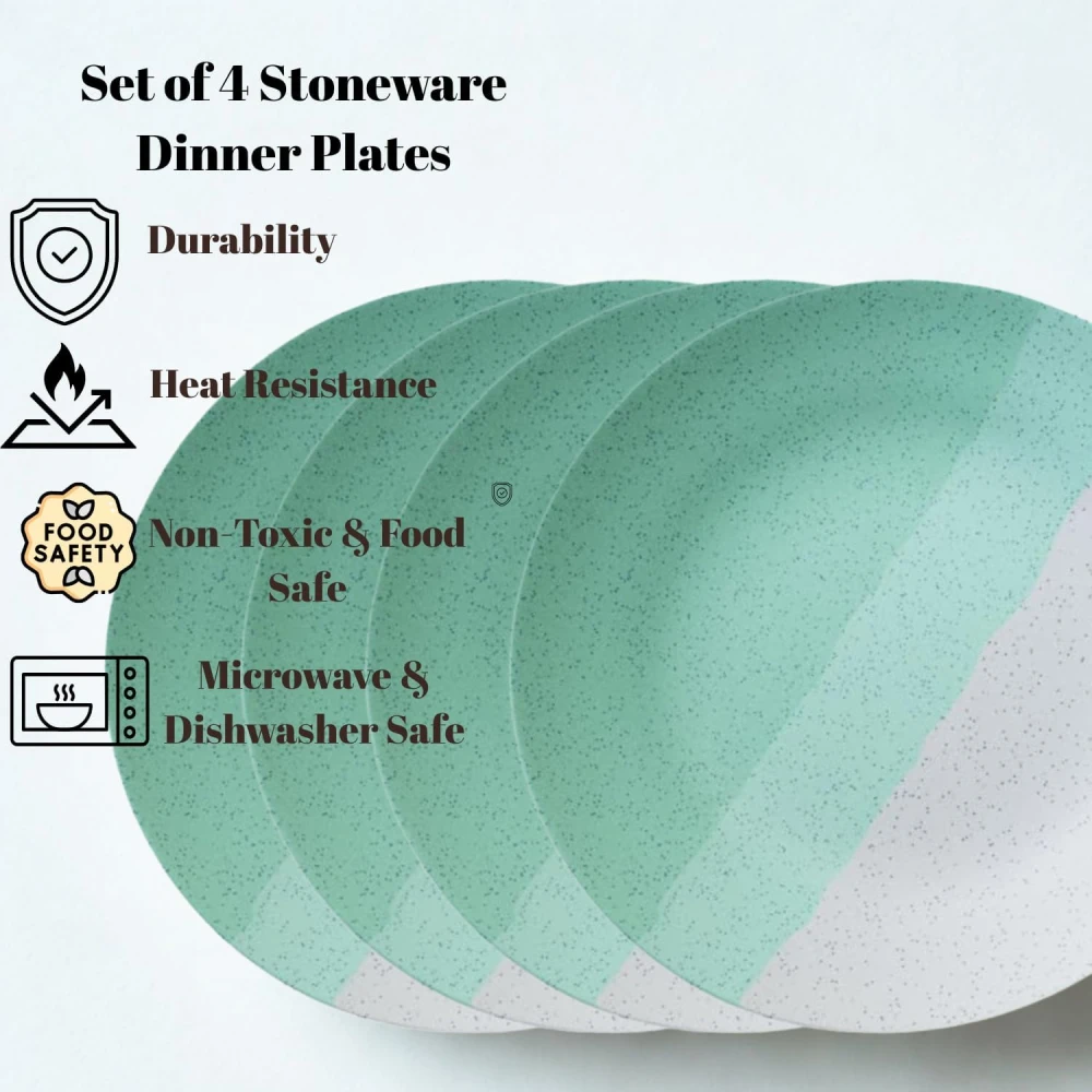 HOUSELA Set of 4 Modern Ceramic Dinner Plates – 10.6'' Speckled Stoneware Plates with Half Mint Green & White Design/Microwave & Dishwasher Safe