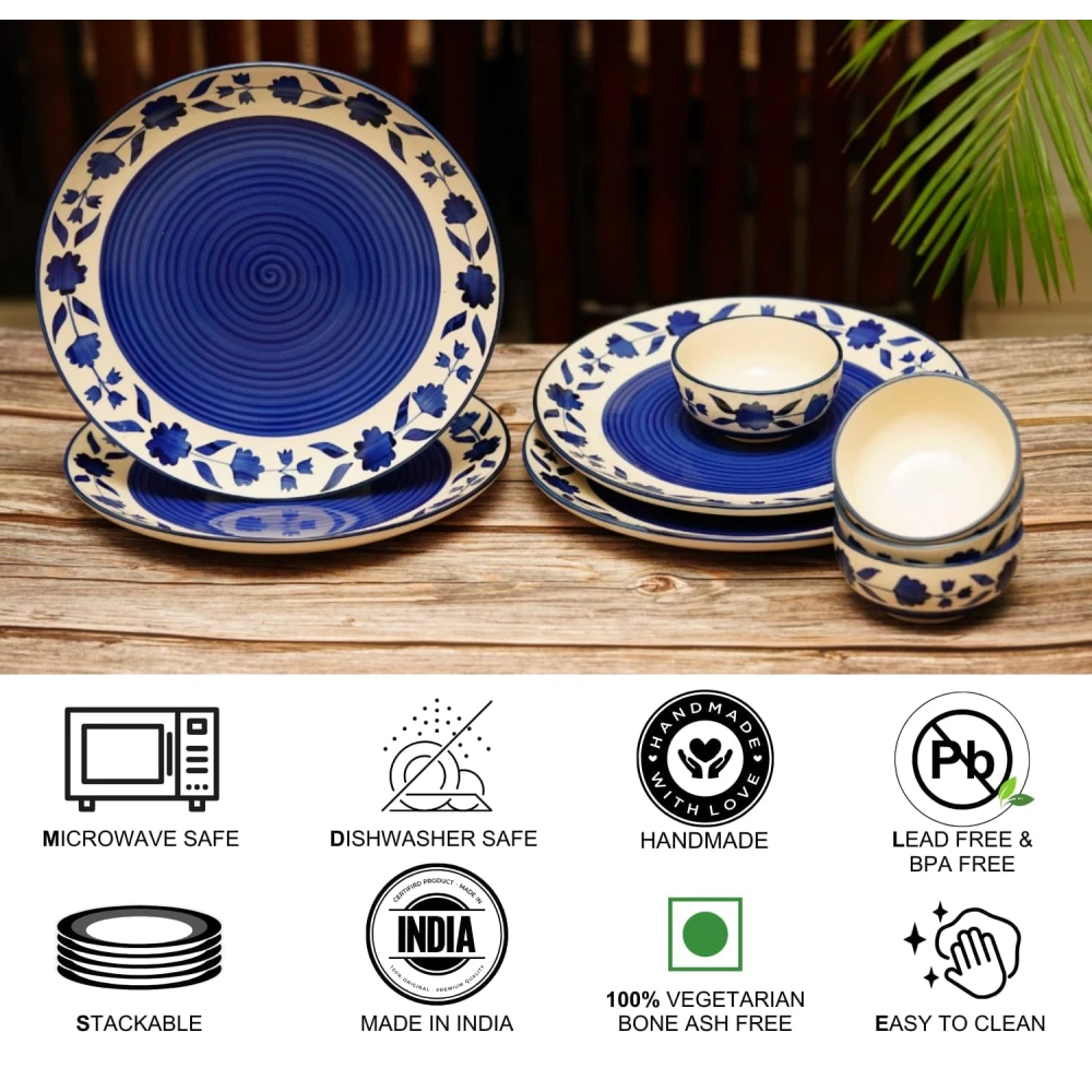 Blue Floral Ceramic Dinner Set – Set of 4 Dinner Plates & 4 Bowls | Premium Stoneware Tableware | Microwave & Dishwasher Safe | Elegant Dining Set for Home & Gifting