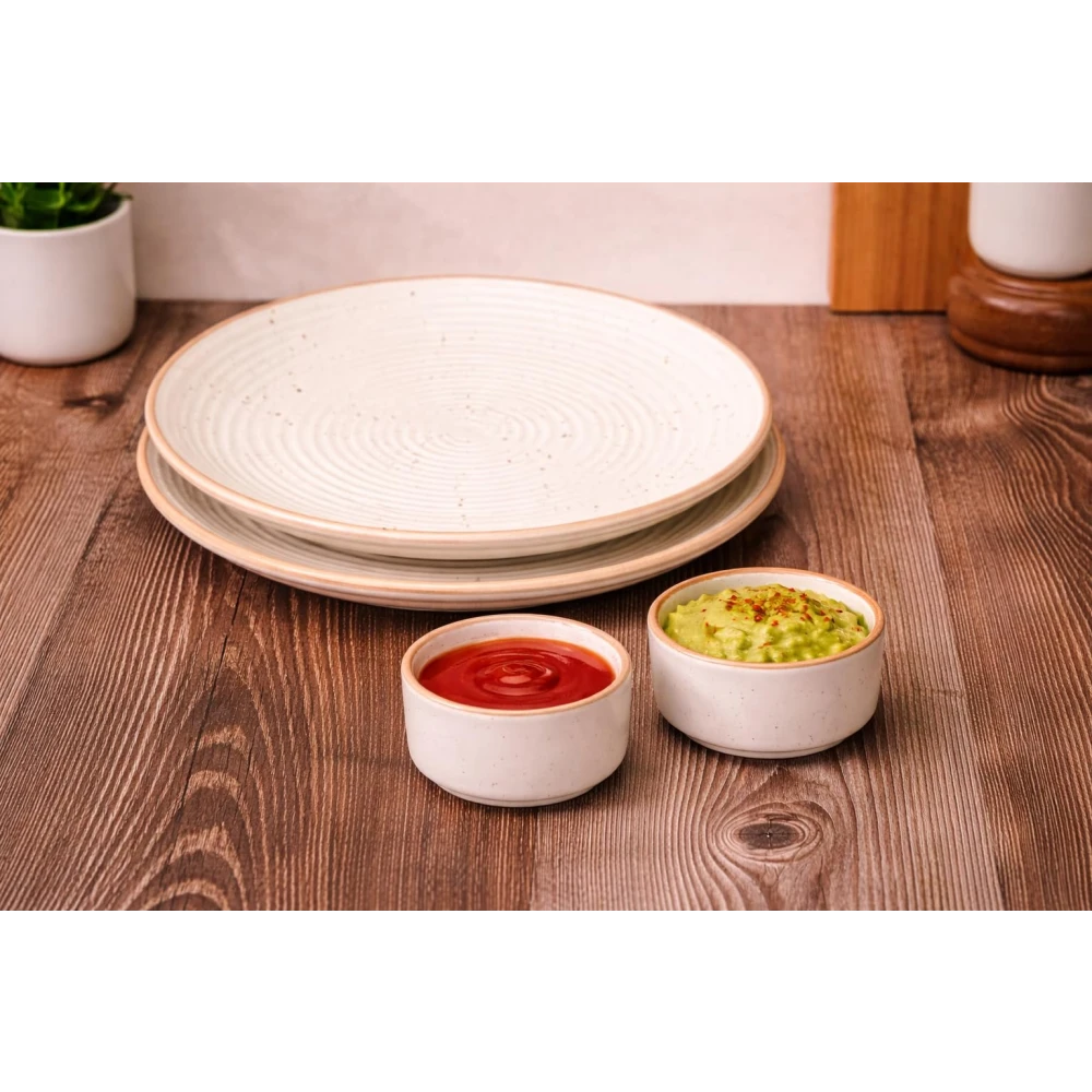 HOUSELA Handcrafted Ceramic Dinner Plates with Chutney Dip Bowls | Set of 4 – 2 Off-White 10 Inch Stoneware Dinner Plates + 2 Dip Bowls | Premium Ribbed Design | Microwave & Dishwasher Safe