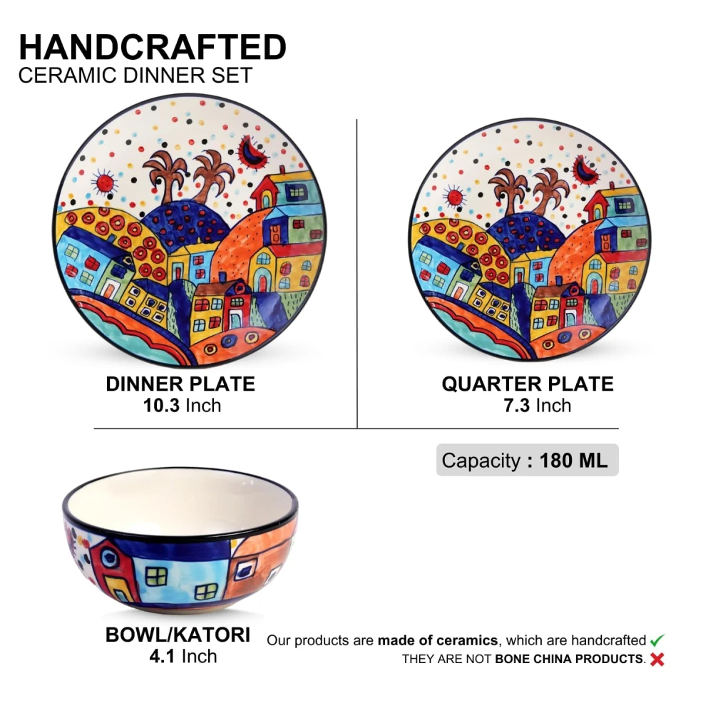 Hut Dining Hand-Painted Stoneware Dinner Set Ceramic Set of 6 Pieces | 2 Stoneware Dinner Plates, 2 Side Plates & 2 Serving Bowls | Microwave & Dishwasher Safe - Multicolor