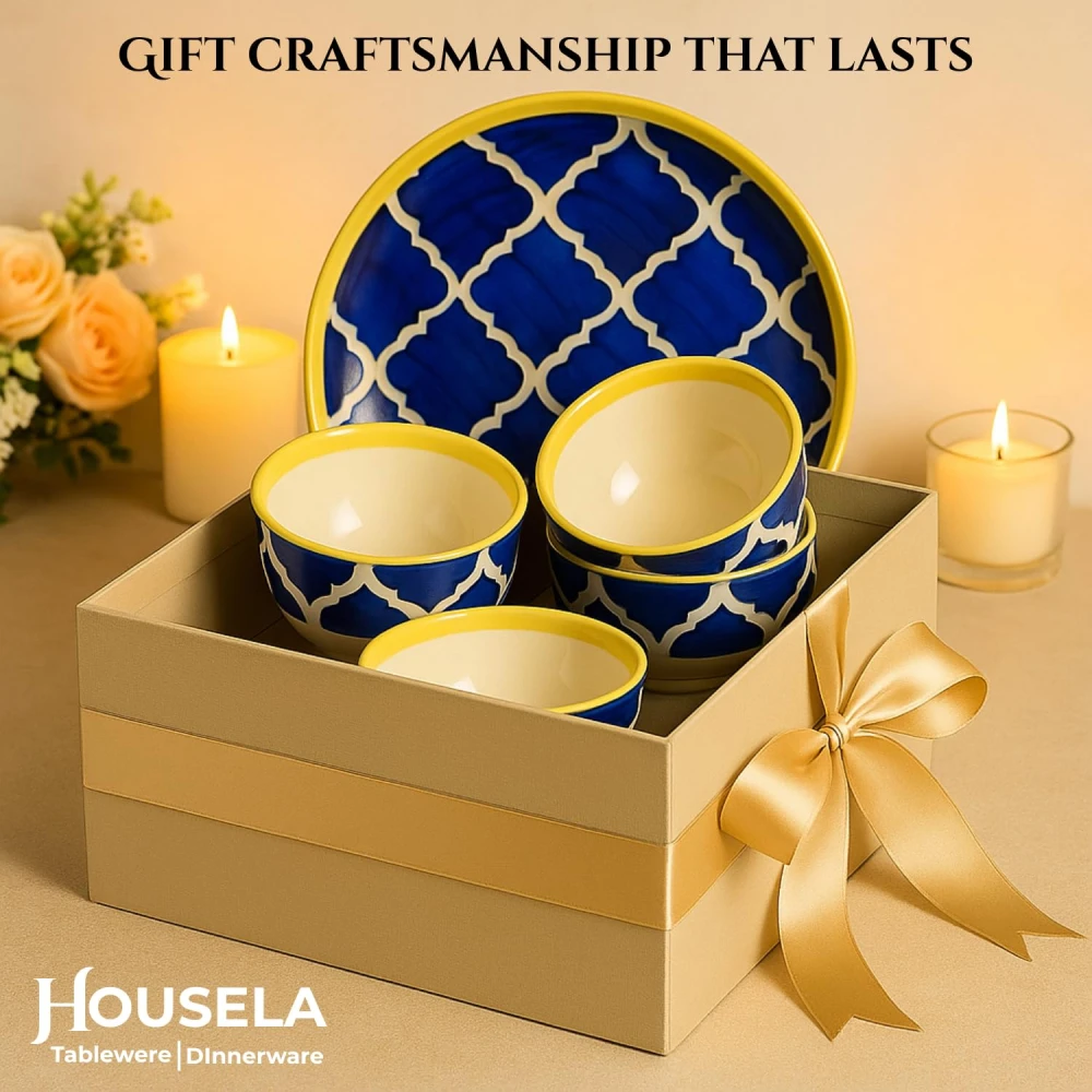 Hand-Painted Ceramic Dinner Set – Blue & Yellow Moroccan Design Plates & Bowls Set | Premium Stoneware Dining Tableware | Microwave & Dishwasher Safe | Stylish Dinnerware for Home & Kitchen