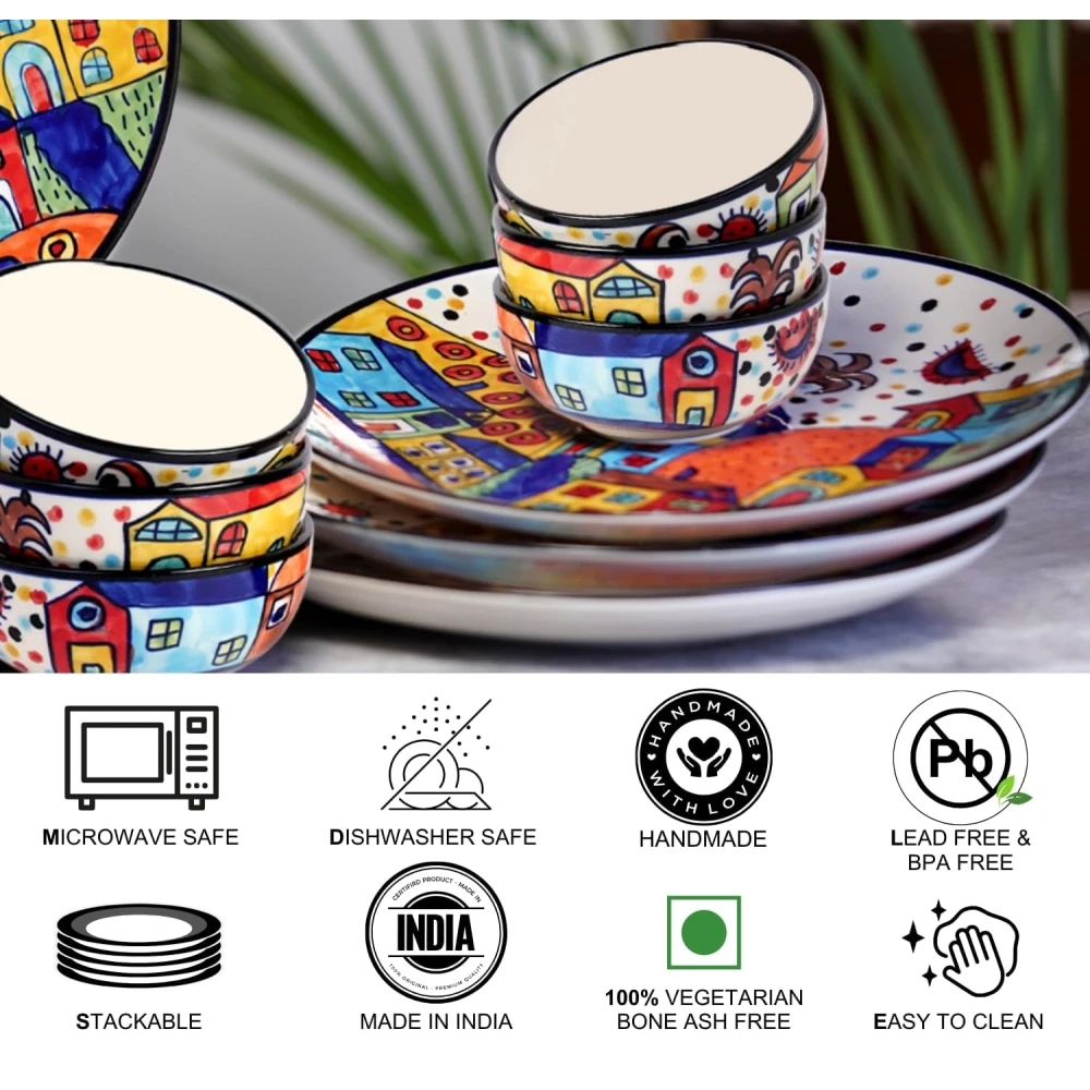 Hut Family Hand-Painted Glossy Dinner Set Ceramic Stoneware Dinner Set of 12 Pieces | 6 Dinner Plate 10.3 Inch & 6 Serving Bowls 180 Ml | Dishwasher & Microwave Safe - Multicolor, Solid
