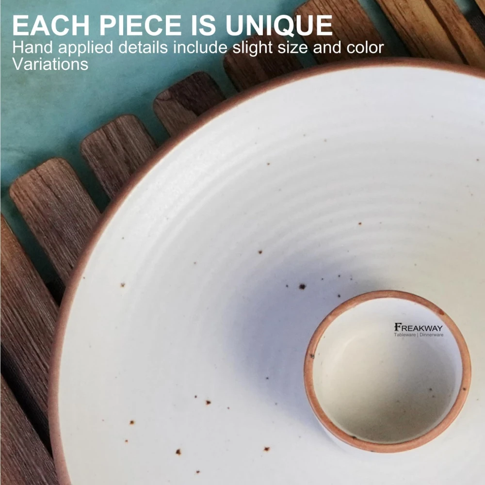 HOUSELA Handcrafted Ceramic Dinner Plates with Dip Bowl | Set of 8 Premium Stoneware Tableware | 4 Large 10 Inch Dinner Plates + 4 Chutney Dip Bowls | Off-White Handmade Serving Plates
