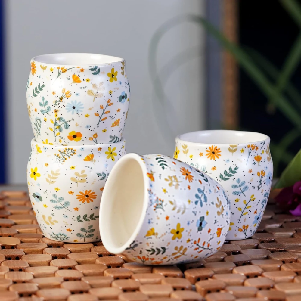 HOUSELA Hand-Painted Ceramic Sun-Floral Art kulhad Set of 4 Cups |kullad Tea Set | kulhad chai Cups | Hand Painted kulhad Coffee Mug, Multicolor((Microwave & Dishwasher Safe)