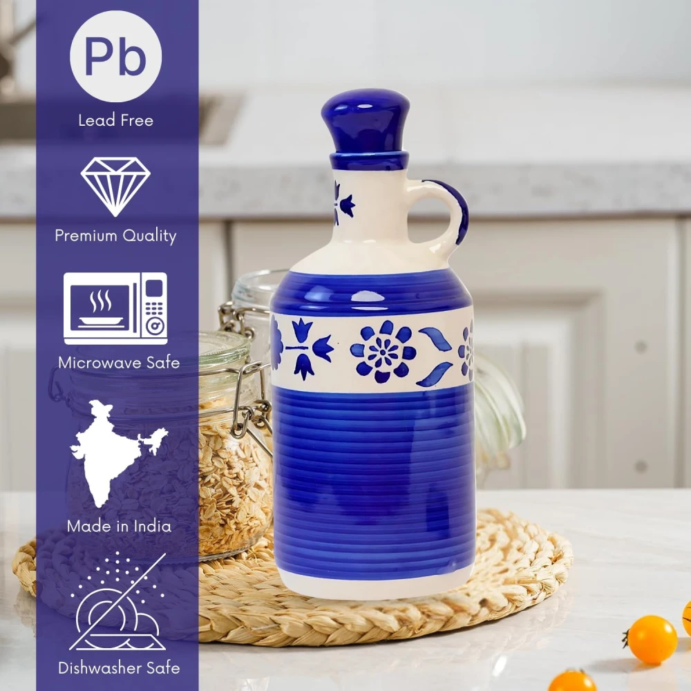 HOUSELA Handprinted Ceramic Oil Dispenser With Lid Bottle for Kitchen | 1000Ml Capacity | Perfect for Kitchen Use | Ideal for Storing Cooking Oil 100% Food & Microwave Safe - Blue, 1 Litres