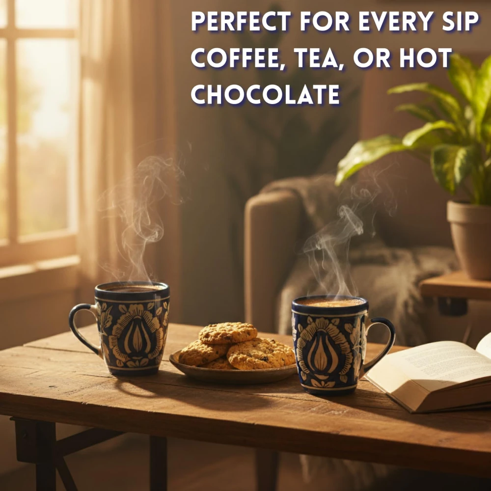 HOUSELA Mugalart Hand-Painted Serving Tea Cups Set Milk Mugs & Ceramic Coffee Mugs Set of 4 (270 ML, Microwave & Dishwasher Safe)