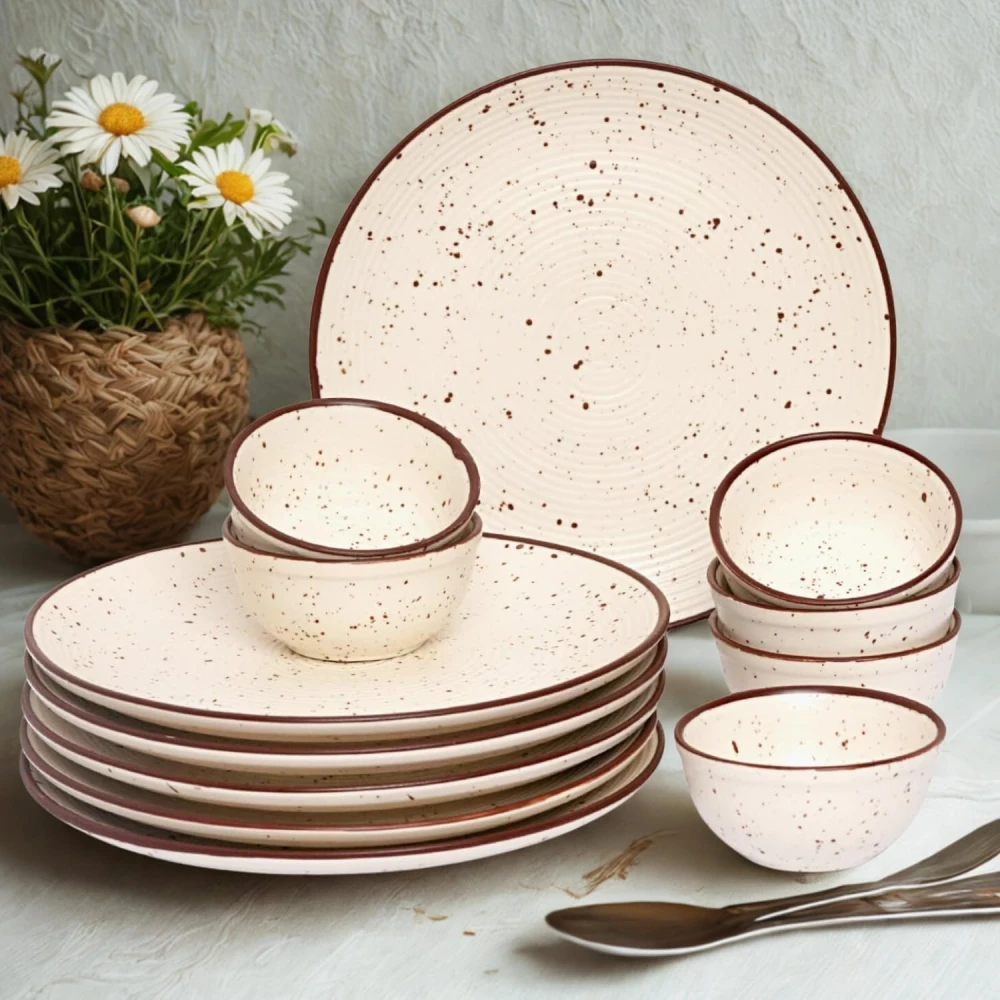 Handcrafted Ceramic Stoneware Dinner Set of 12 Pieces with Serving Bowls | 6 Dinner Plates & 6 Bowl/katori | Bone Ash Free | Microwave and Dishwasher Safe – Off White