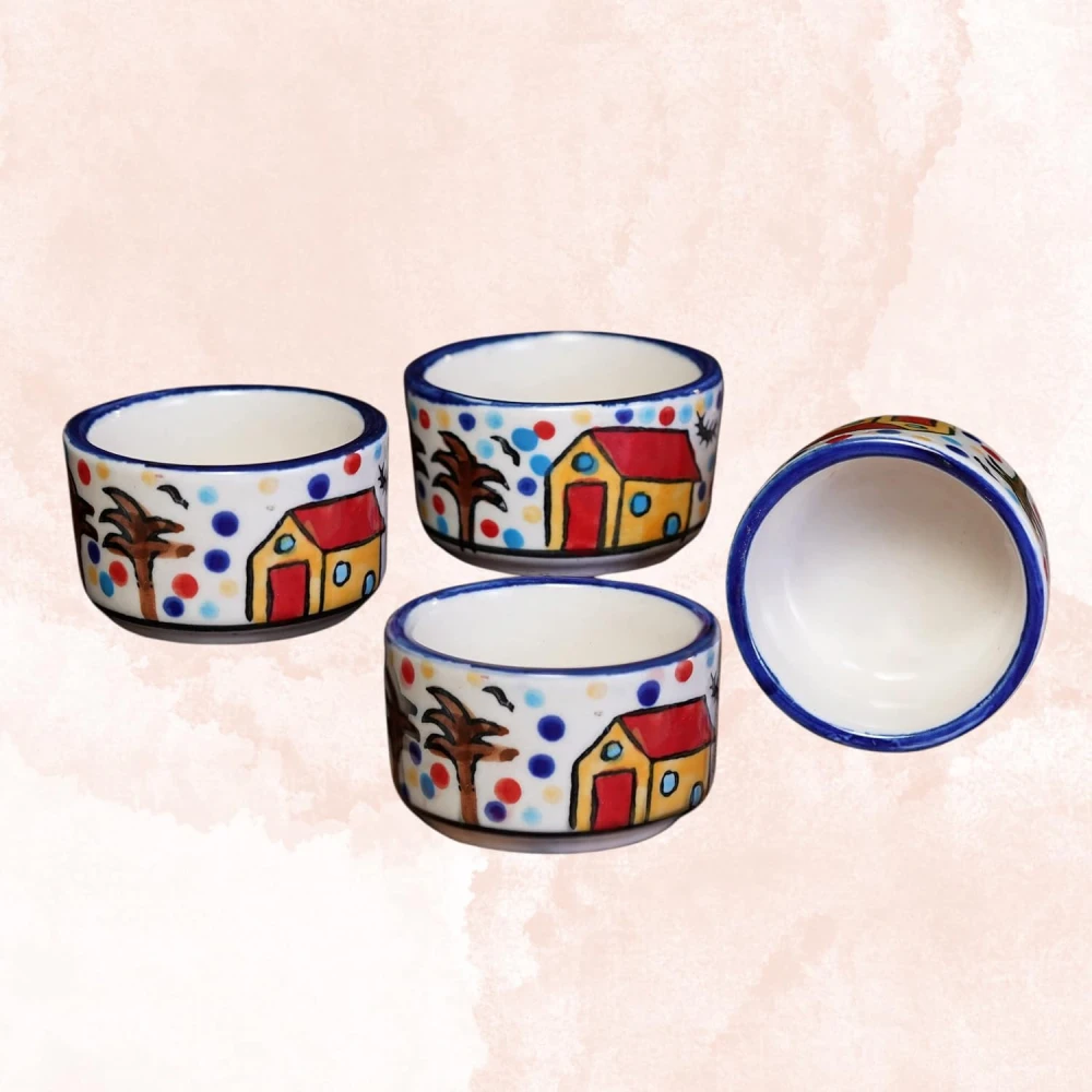 HOUSELA Hand Painted White Ceramic Bowl for Serving Chutney Bowl Pickle Bowl Sauce Bowl Set of 4 Pcs