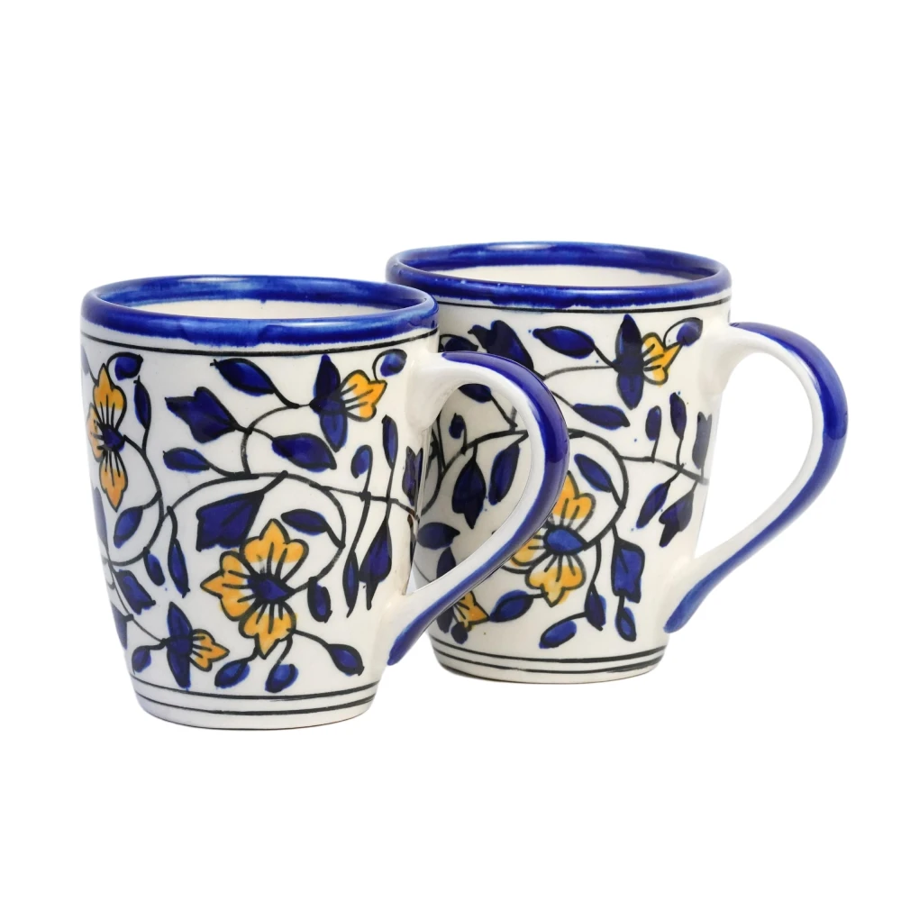 Rudrart Creation Floral Design Hand Painted Ceramic Coffee Mugs, 250ml Each, Set of 2