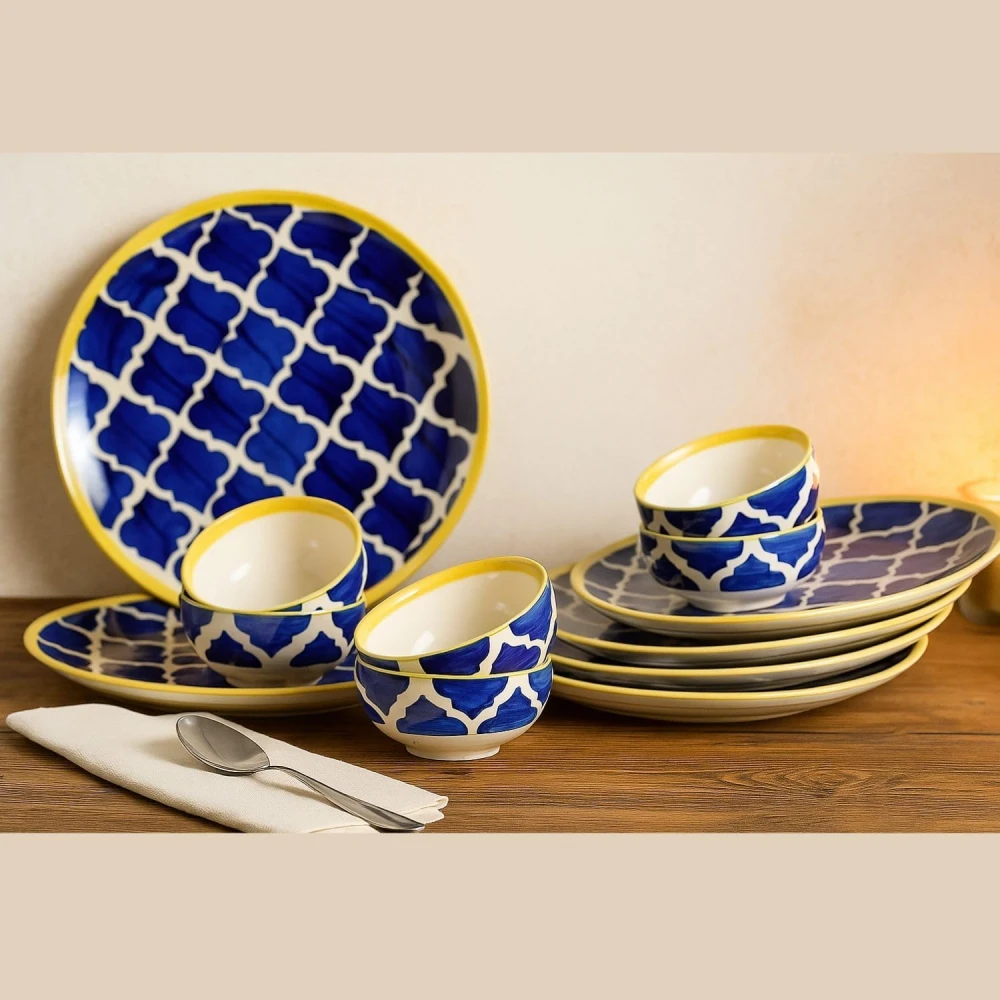Morrocan/Umrao Ceramic Plates for Dinner with Katoris (12 Pieces, 6 Bowl & 6 Plates, Dishwasher & Microwave Safe) -Dinner Sets -(Blue & Yellow)