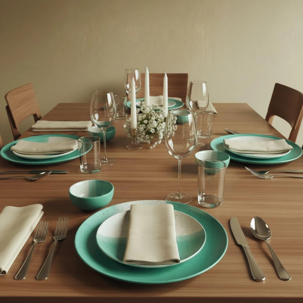 Ceramic Serving Set | 6 Dinner Plate & 6 Bowl | Dual Tone Green & Beige Speckled Design for Snacks, Meals & Appetizers