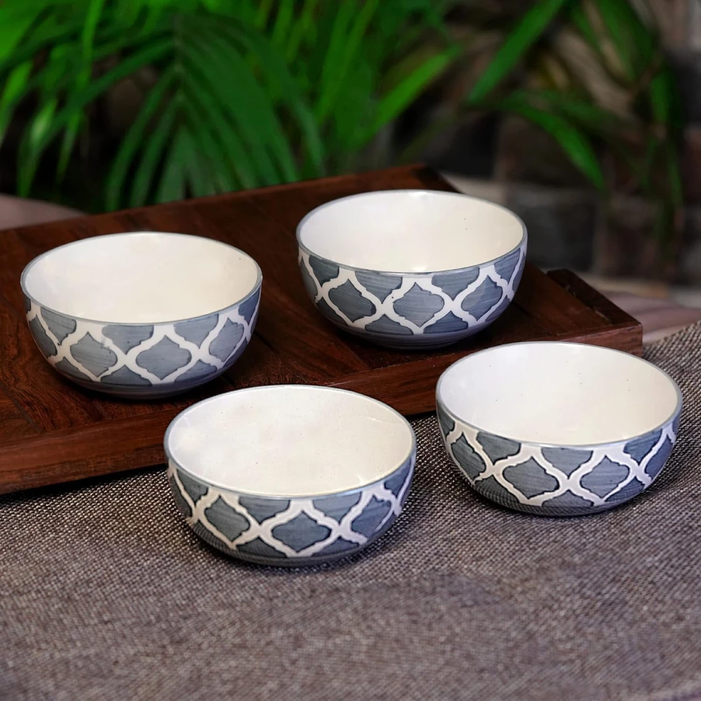 HOUSELA Creations Hand-Painted Umrao-Moroccan Design Bowls Set | Perfect for Serving Snacks, Rice, Dal, Fruits, Salad | BPA & Lead-Free Ceramic Dinner Bowls for Safe | - (Design 3, Set of 6)