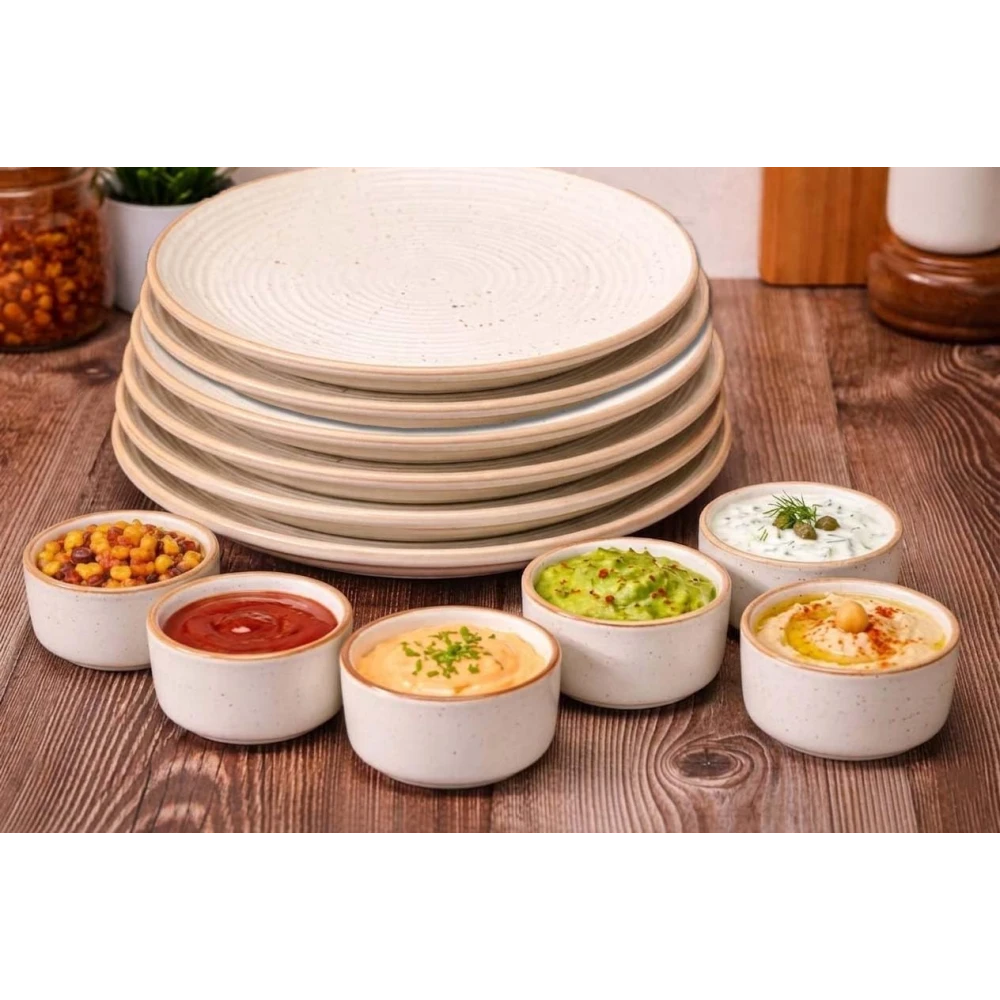 HOUSELA Handcrafted Ceramic Dinner Plates with Dip Bowls | 12-Piece Premium Stoneware Set | 6 Large 10-Inch Dinner Plates + 6 Chutney/Dip Bowls | Off-White Handmade Tableware