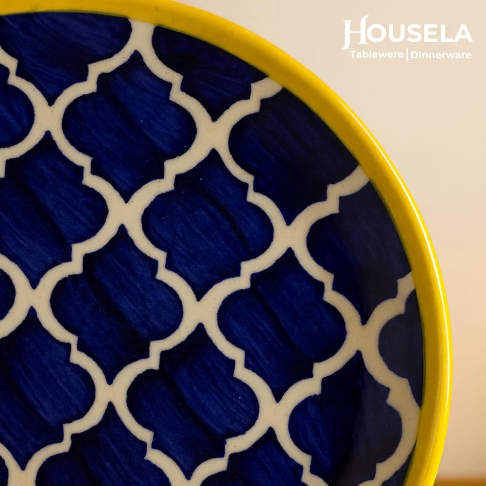 Morrocan/Umrao Ceramic Plates for Dinner with Katoris (12 Pieces, 6 Bowl & 6 Plates, Dishwasher & Microwave Safe) -Dinner Sets -(Blue & Yellow)