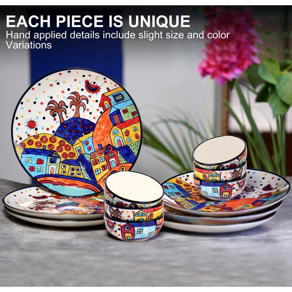 Hut Family Hand-Painted Glossy Dinner Set Ceramic Stoneware Dinner Set of 12 Pieces | 6 Dinner Plate 10.3 Inch & 6 Serving Bowls 180 Ml | Dishwasher & Microwave Safe - Multicolor, Solid