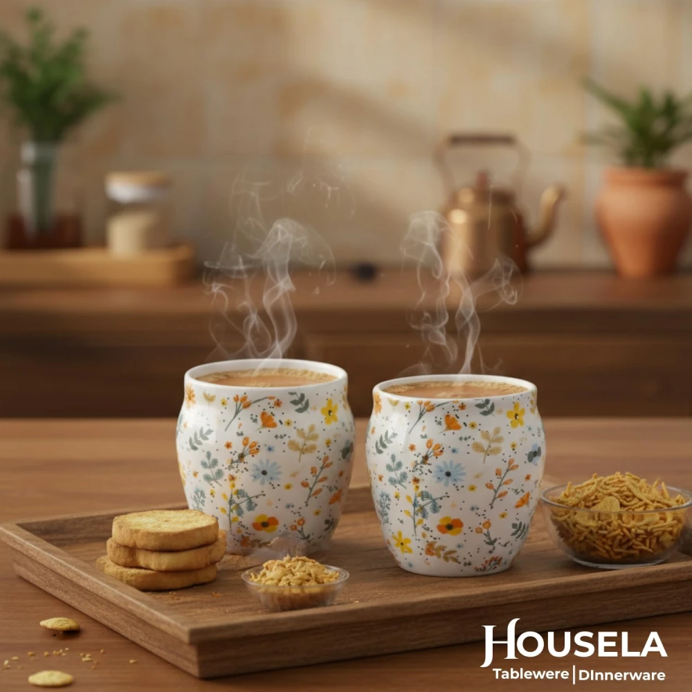 HOUSELA Hand-Painted Ceramic Sun-Floral Art kulhad Set of 6 Cups |kullad Tea Set | kulhad chai Cups | Hand Painted kulhad Coffee Mug, Multicolor((Microwave & Dishwasher Safe)