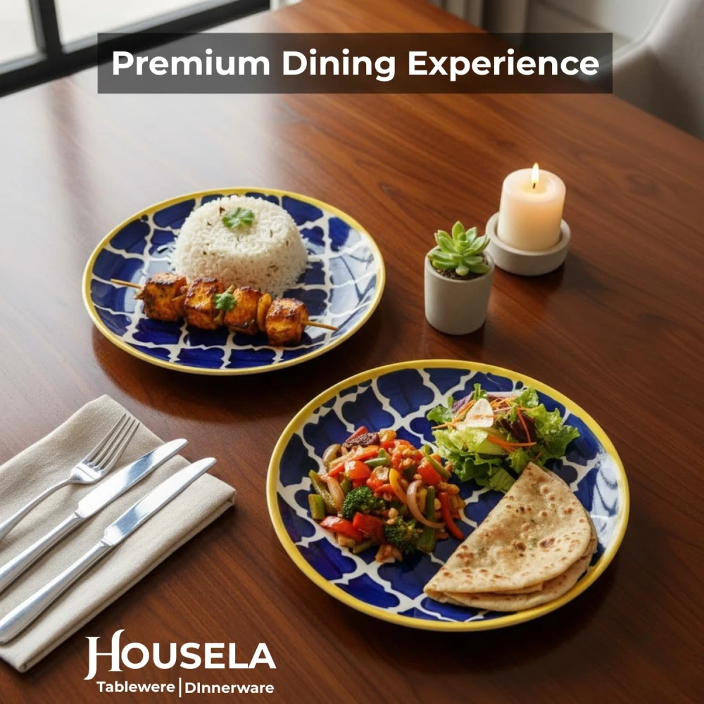 Hand-Painted Stoneware Moroccan Premium Ceramic 10-inch Big Plate Set of 2 Pcs | Bone Ash Free | Microwave and Dishwasher Safe - Blue