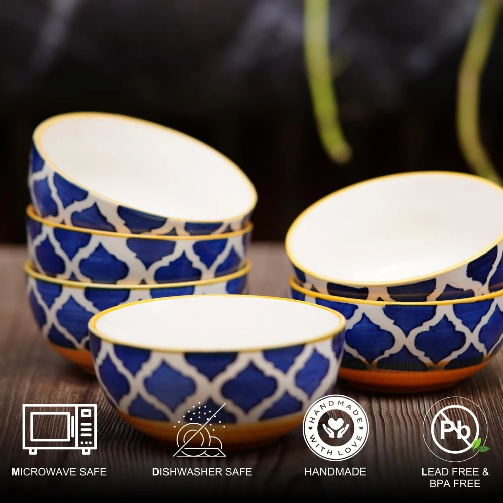 HOUSELA Creations Hand-Painted Umrao-Moroccan Design Bowls Set | Perfect for Serving Snacks, Rice, Dal, Fruits, Salad | BPA & Lead-Free Ceramic Dinner Bowls for Safe