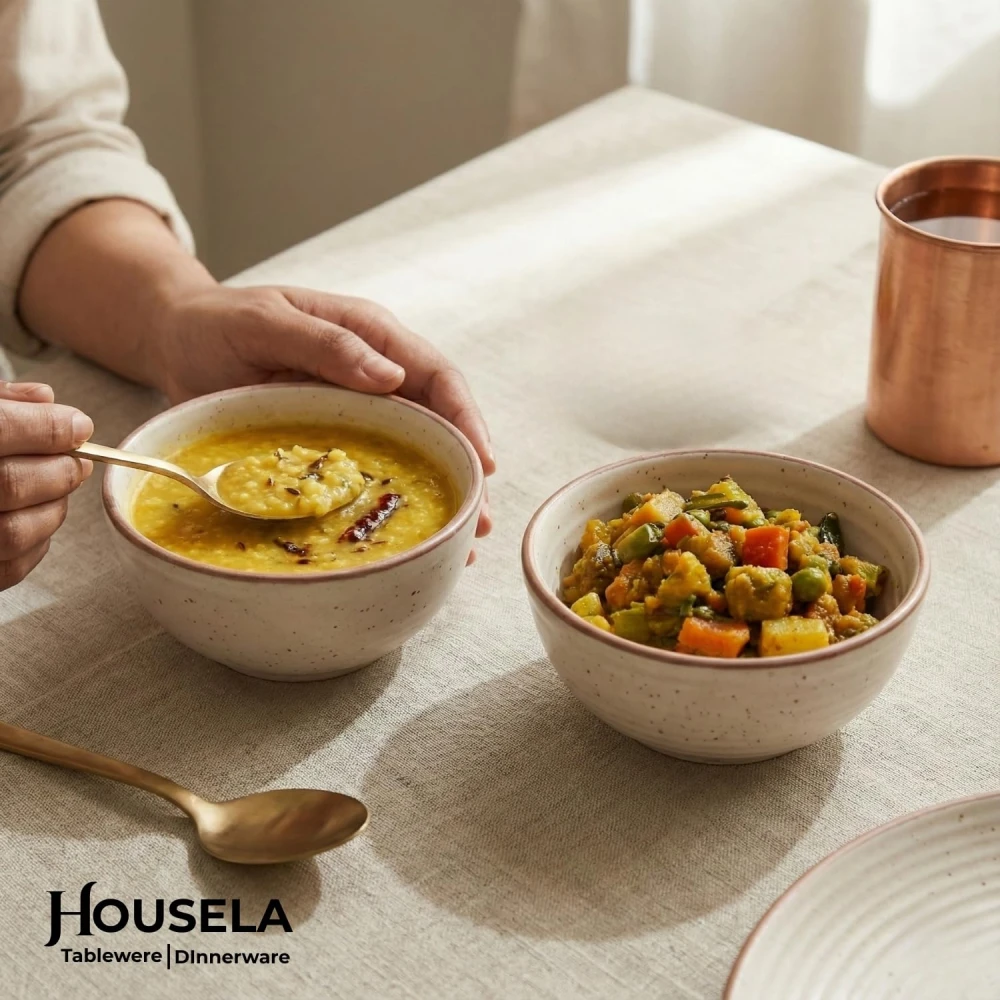 Housela Stoneware Ceramic Solid Dinner Set of 4 Pieces for Dinner with Katoris (4 Pieces, 2 Bowl & 2 Plates, Dishwasher & Microwave Safe)-Dinner Sets Ceramic Bowls Set Dinnerware Sets-Off White