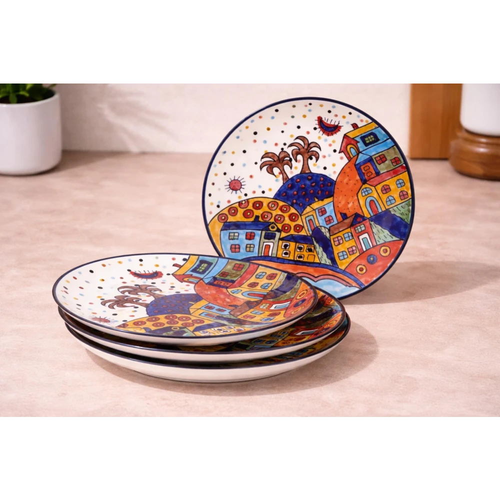 HOUSELA Hut Dining Hand-Painted Stoneware Premium Ceramic 10-inch Dinner Plate Set of 4 Pcs | Bone Ash Free | Microwave and Dishwasher Safe - Multicolor