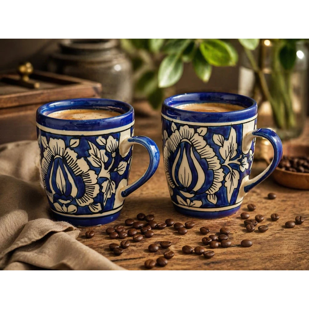 HOUSELA Mugalart Hand-Painted Serving Tea Cups Set Milk Mugs & Ceramic Coffee Mugs Set of 2 (270 ML, Microwave & Dishwasher Safe)