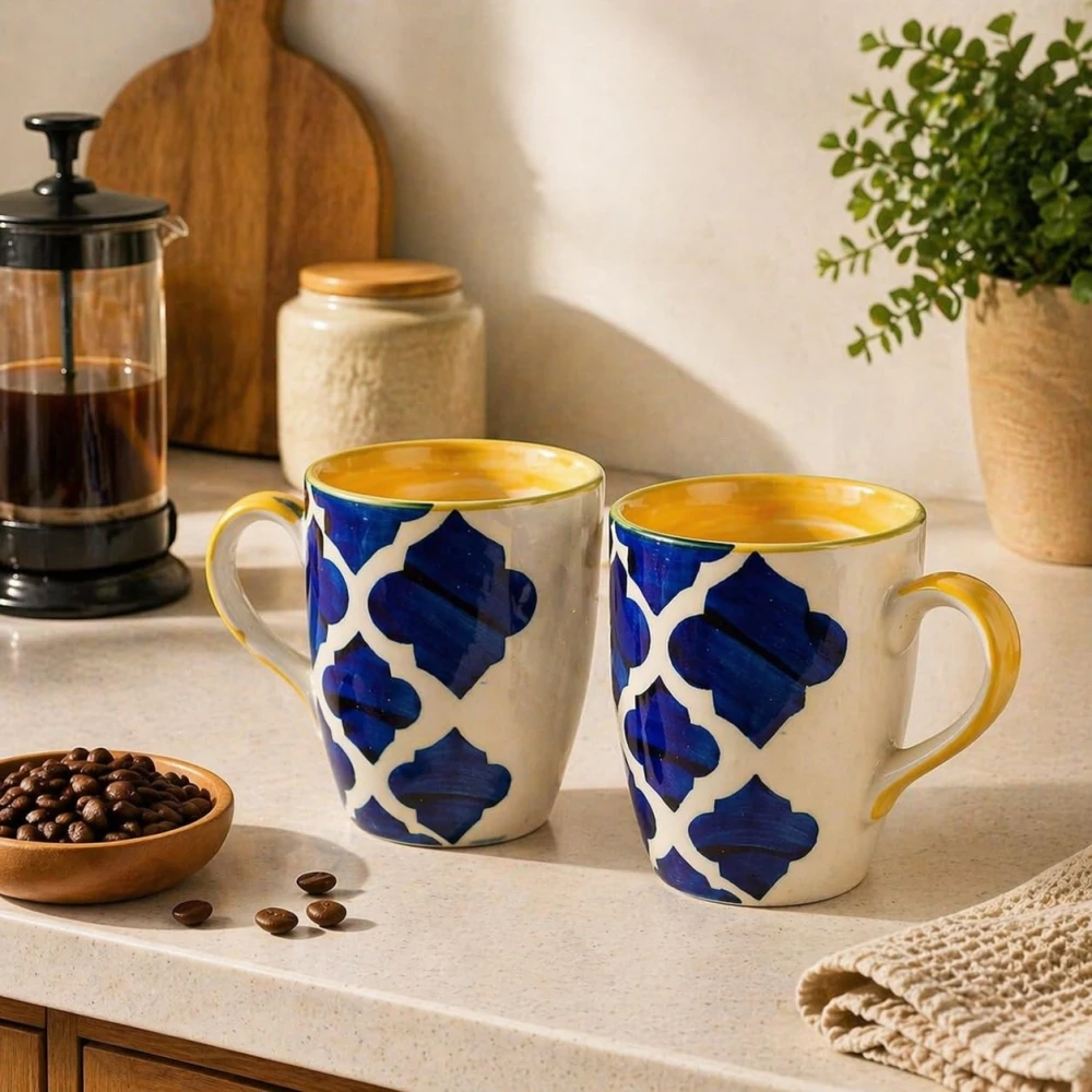HOUSELA Umrao Hand-Painted Serving Tea Cups Set Milk Mugs & Ceramic Coffee Mugs Set of 2 (270 ML, Microwave & Dishwasher Safe)