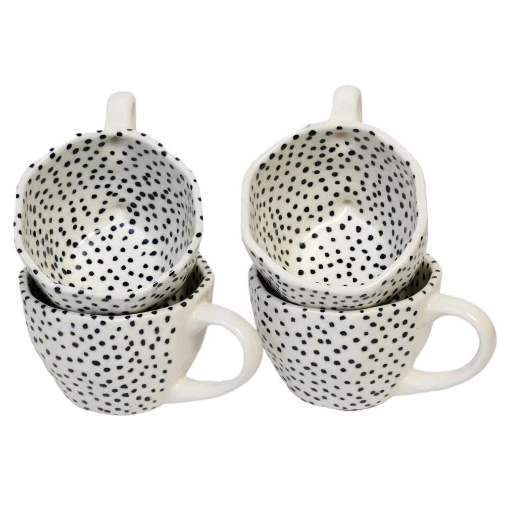 HOUSELA Small Dotted Hand-Painted Serving Tea Cups Set Milk Mugs & Ceramic Coffee Mugs Set of 4 (300 ML, Microwave & Dishwasher Safe)