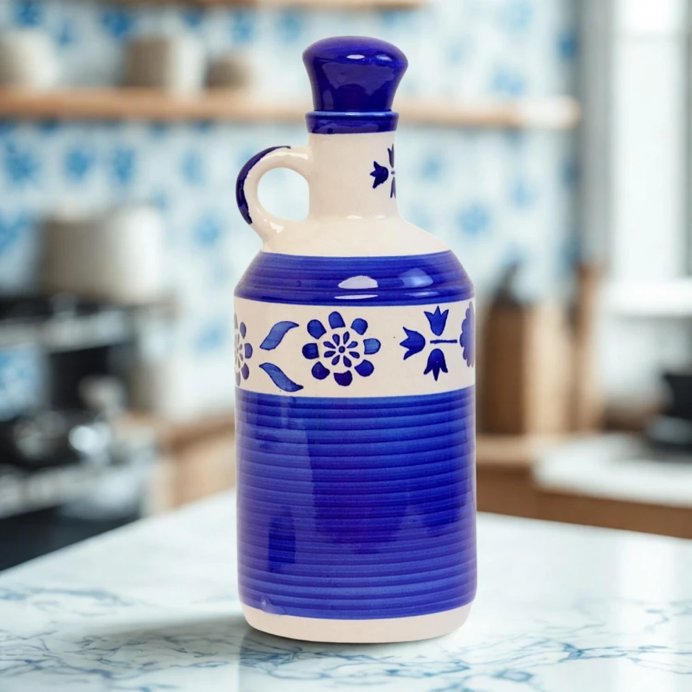 HOUSELA Handprinted Ceramic Oil Dispenser With Lid Bottle for Kitchen | 1000Ml Capacity | Perfect for Kitchen Use | Ideal for Storing Cooking Oil 100% Food & Microwave Safe - Blue, 1 Litres