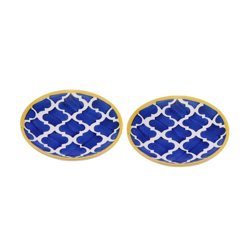 HOUSELA Ceramic Handmade Blue Umrao Quarter Moroccan Handpainted Plates for 7 (Set of 2)