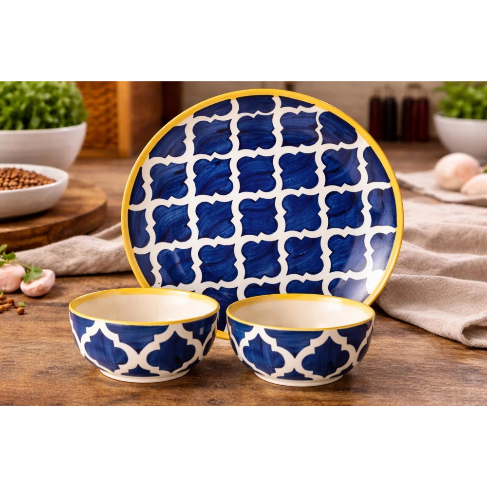 Umrao Blue Ceramic Dinner Set – 1 Serving Plate & 2 Bowls Combo | Handcrafted Royal Pattern with Yellow Rim | Microwave & Dishwasher Safe | Premium Stoneware Dining Set