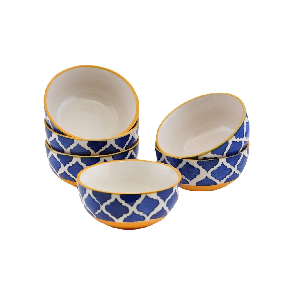 RudrartCreations Hand-Painted Umrao/Moroccan Design Handpainted Bowls Set Ceramic Vegetable Bowl/Dessert Bowl/Soup Bowl (Multicolor, Pack of 6)