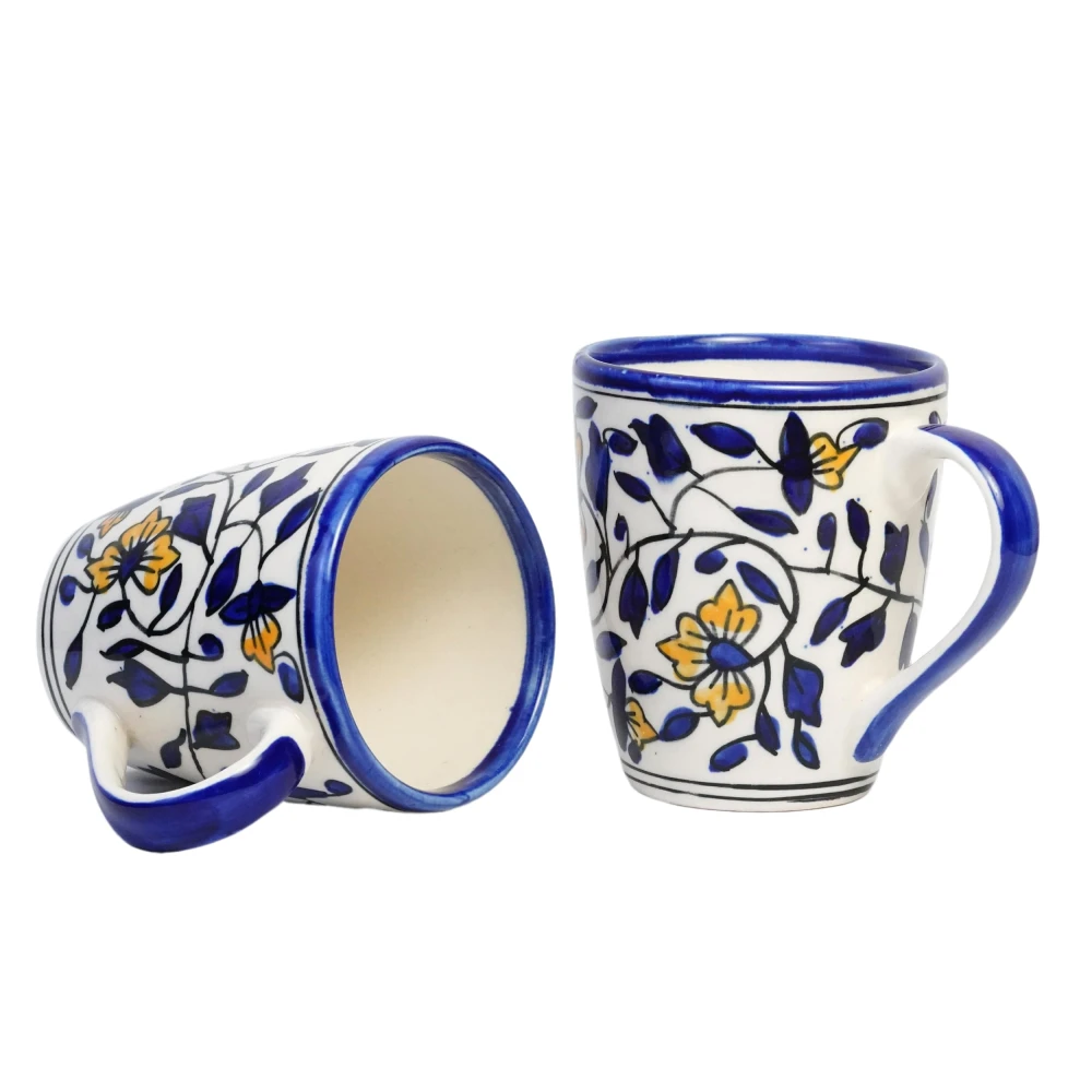 Rudrart Creation Floral Design Hand Painted Ceramic Coffee Mugs, 250ml Each, Set of 2