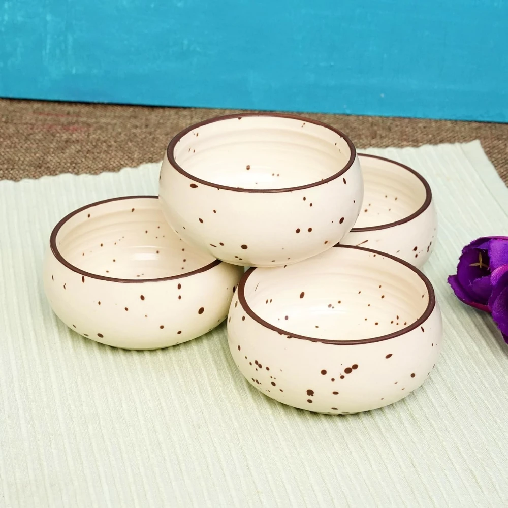 HOUSELA Ceramic Stoneware Serving Bowls Set | Ideal for Serving Snacks, Salads, Desserts | Microwave & Dishwasher Safe, Durable & Chip-Resistant Design | - Cream White Matte Finish (150 ml, Set of 4)