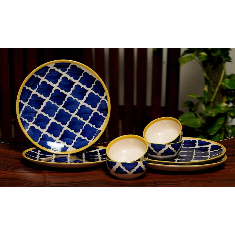 Hand-Painted Ceramic Dinner Set – Blue & Yellow Moroccan Design Plates & Bowls Set | Premium Stoneware Dining Tableware | Microwave & Dishwasher Safe | Stylish Dinnerware for Home & Kitchen