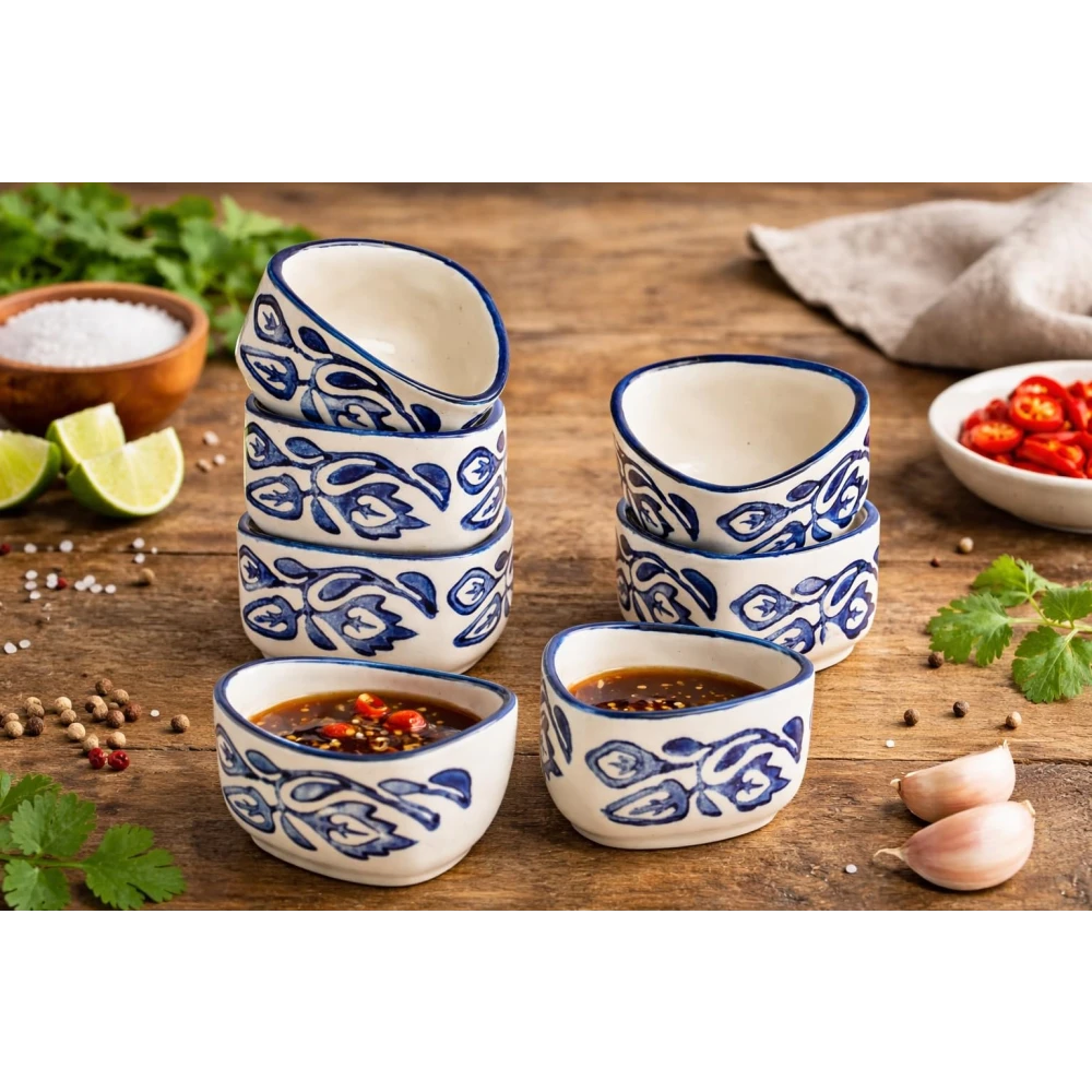 HOUSELA Handpainted Floral Studio Pottery Ceramic Dip Bowl/Chutney Bowl/Pickle Bowl/Sauce Bowl/Small Katori Set | Triangle Shape |(50 ML, Small, Set of 6, Blue and White)